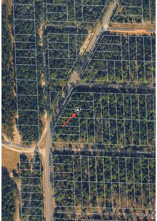 An aerial map view shows a wooded residential lot marked with a red arrow — 606 BADEN POWELL ROAD, HAWTHORNE, FL