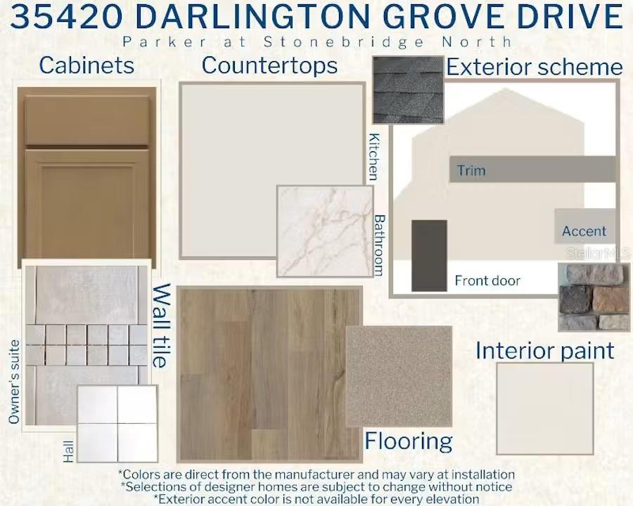 This design board displays interior and exterior finish selections including cabinetry, flooring, tile, and paint — 35420 DARLINGTON GROVE DRIVE, ZEPHYRHILLS, FL