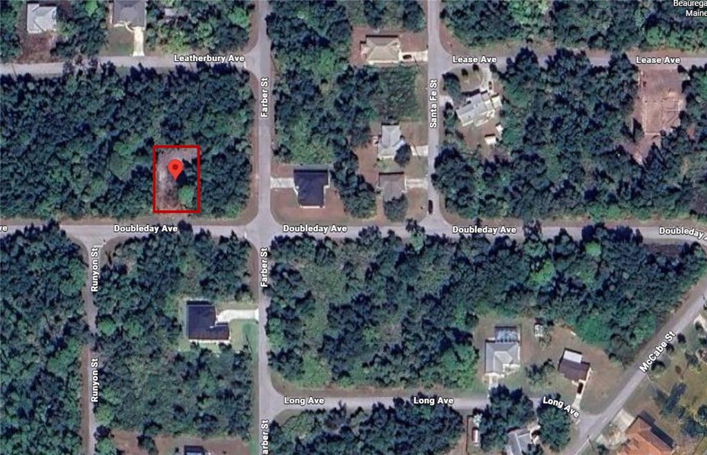 This is an aerial map view of a wooded residential lot marked with a pin — 13406 DOUBLEDAY AVENUE, PORT CHARLOTTE, FL