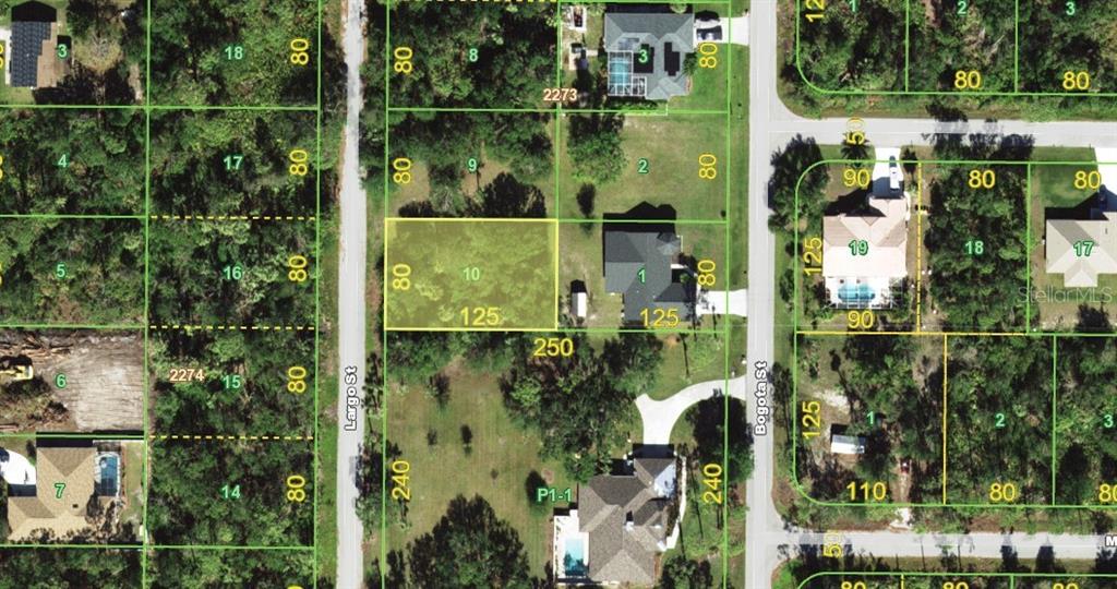 This is a satellite map view showing residential property lots and street layouts — 2408 LARGO STREET, PORT CHARLOTTE, FL