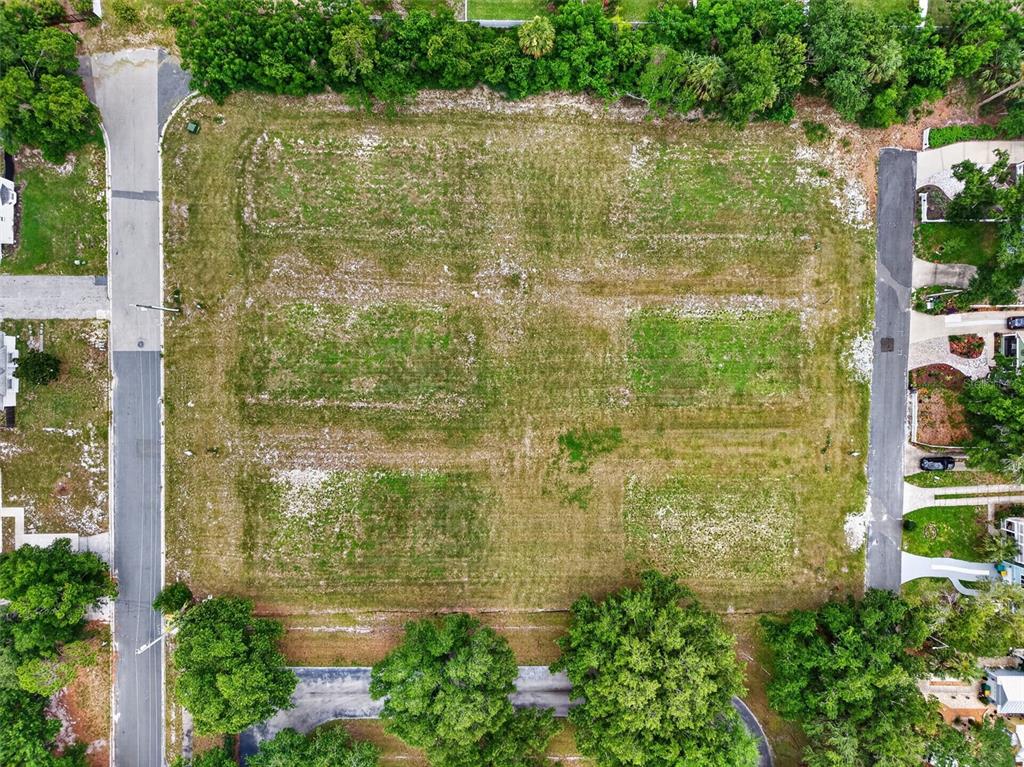 An aerial view shows a rectangular, grassy vacant lot bordered by roads and trees — FEARON AVE & E 19TH AVE AVENUE UNIT 1-6, MOUNT DORA, FL