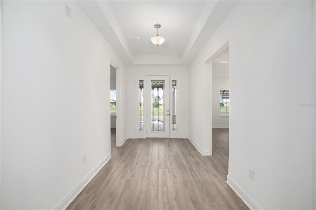 A bright entryway features a tray ceiling, light wood-look flooring, and a glass-paneled front door — 10187 SW 84TH LANE, OCALA, FL