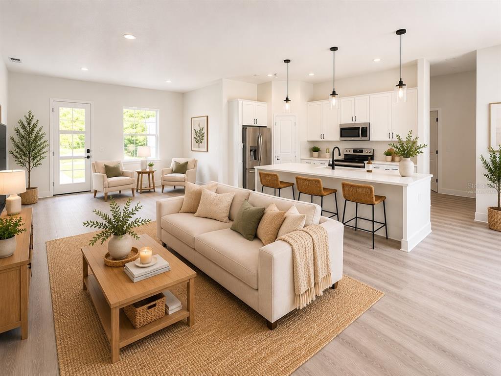 This is a digital rendering of an open-concept living room and kitchen with neutral decor — 3679 SW 129TH PLACE, OCALA, FL