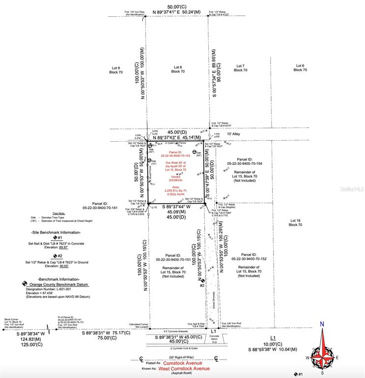 This image is a land survey map showing property boundaries, dimensions, and parcel information — 669 W COMSTOCK AVENUE, WINTER PARK, FL