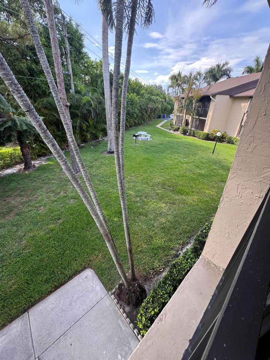 An elevated view of a grassy courtyard with palm trees and a small picnic area — 435 Pine Glen Lane # 2, FL 33463, FL
