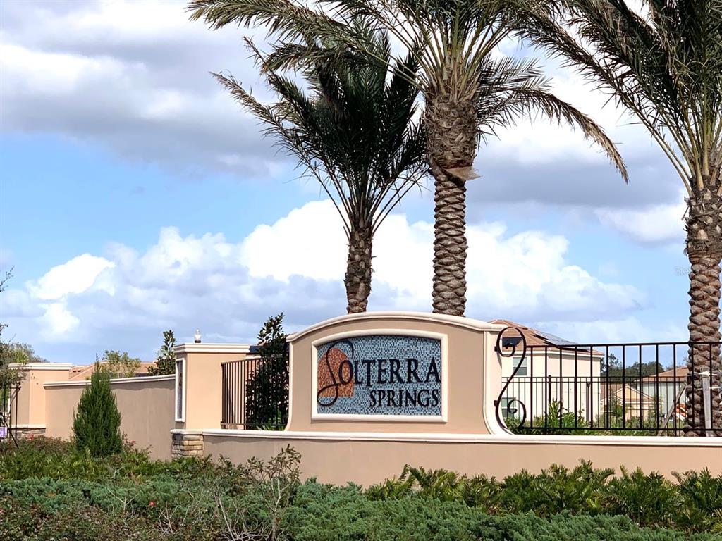 A beige stucco entrance sign for Solterra Springs stands before palm trees and a fence — 1512 OAK MARSH LOOP, DAVENPORT, FL