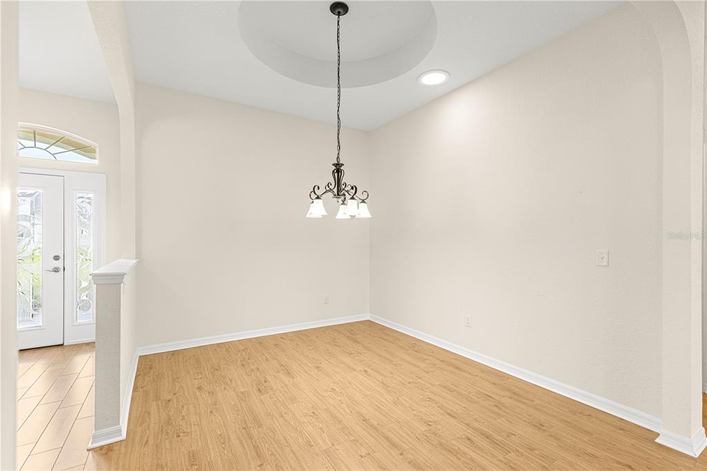 An empty dining room features light wood-look flooring, a tray ceiling, and a hanging chandelier — 17306 SE 112TH CT ROAD, SUMMERFIELD, FL