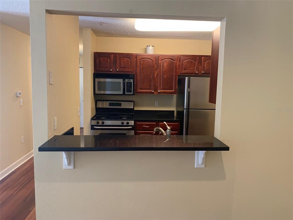 A kitchen with dark wood cabinets, stainless steel appliances, and a black countertop breakfast bar — 2007 DIXIE BELLE DRIVE UNIT 2007D, ORLANDO, FL