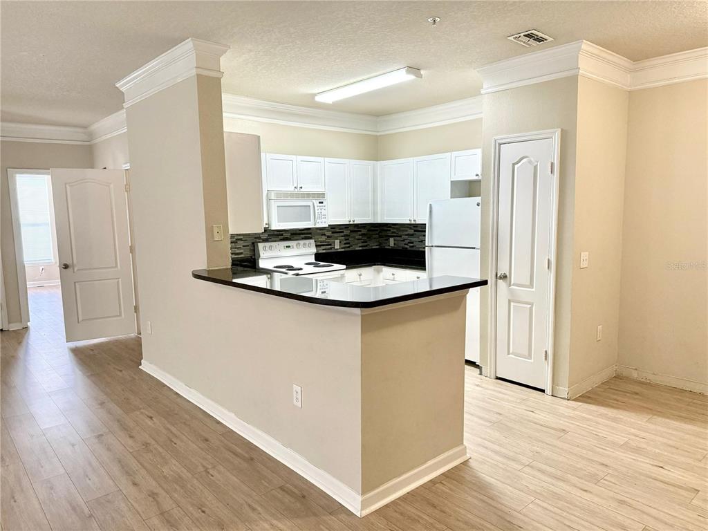 A kitchen features white cabinets, black countertops, a tiled backsplash, and light wood-look flooring — 8842 VILLA VIEW CIRCLE UNIT 3, ORLANDO, FL