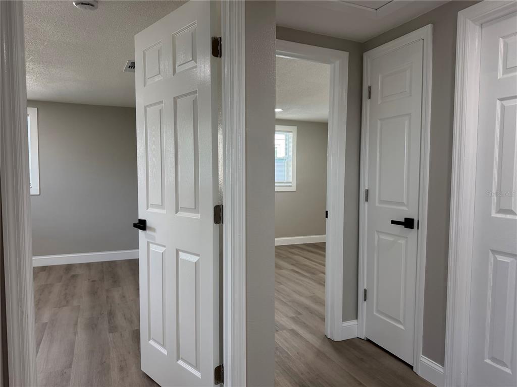 A hallway with light gray walls, wood-look flooring, and several white interior doors — 7220 FOX HOLLOW DRIVE, PORT RICHEY, FL