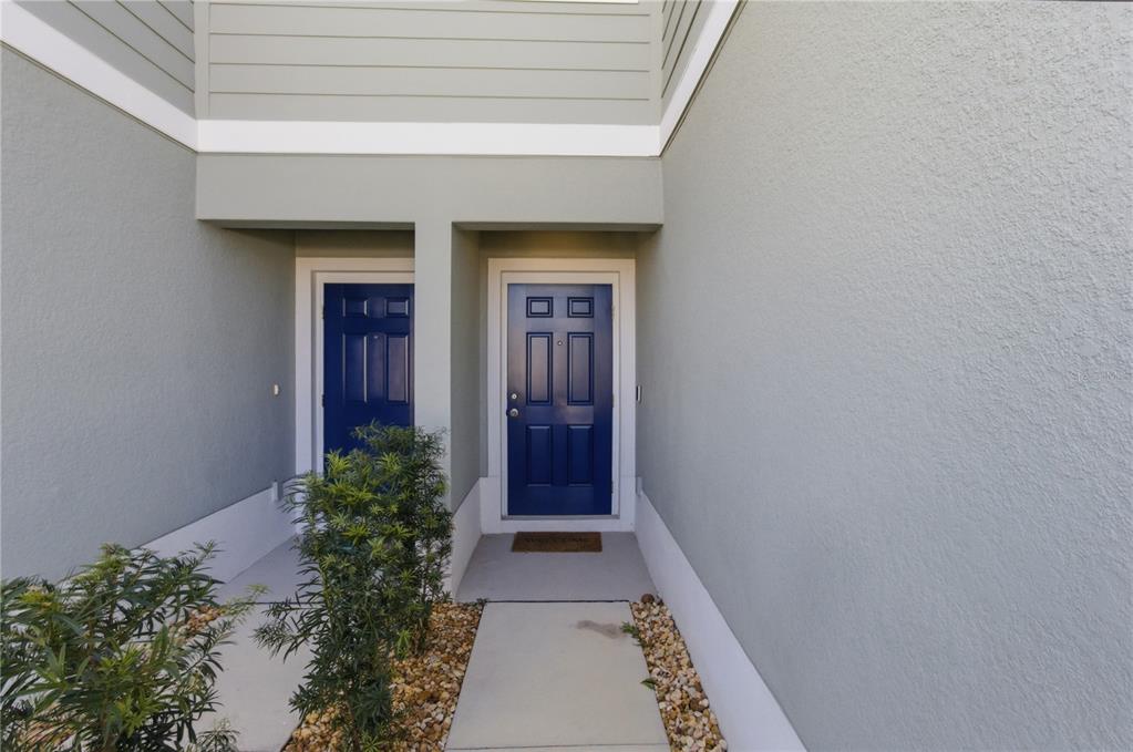 An exterior view shows two blue front doors recessed into a light gray stucco wall — 4740 OLD BLUSH STREET, BRADENTON, FL