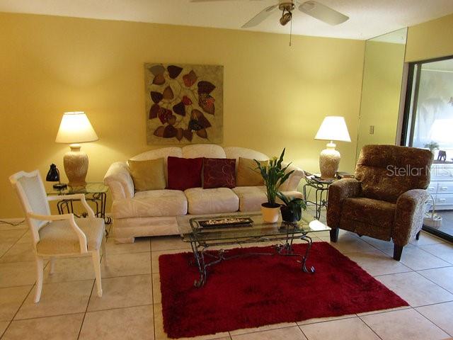 A living room features a beige sofa, a patterned armchair, and a red area rug — 255 MISSION TRAIL S UNIT E, VENICE, FL
