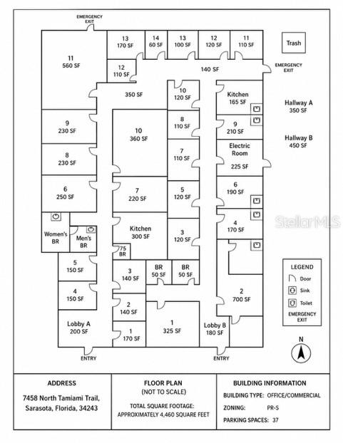 This is a floor plan for a commercial office building with multiple rooms and hallways — 7458 N TAMIAMI TRAIL, SARASOTA, FL