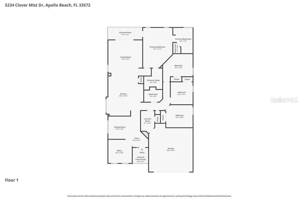 This is a floor plan for a single-story house with a garage and covered patio — 5234 CLOVER MIST DRIVE, APOLLO BEACH, FL