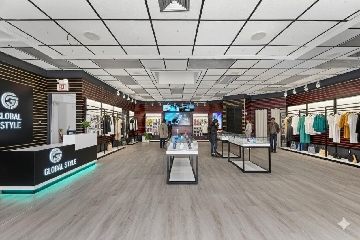 A retail clothing and electronics store featuring display tables, wall racks, and wood-look flooring — 888 E Coast Avenue, Lantana FL 33462, LANTANA, FL