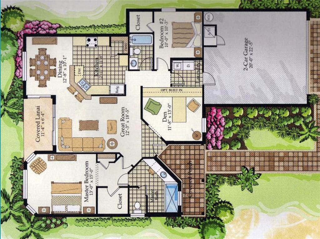 This floor plan shows a single-story home with two bedrooms, a den, and a garage — 354 ROCK SPRINGS DRIVE, KISSIMMEE, FL