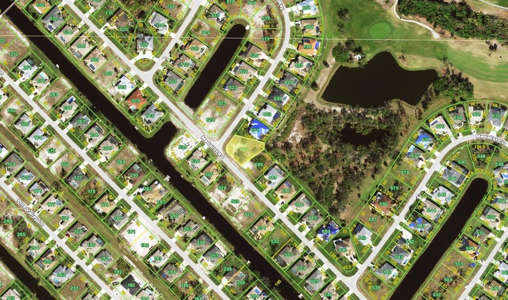 This is an aerial map showing residential lots and a vacant parcel in a neighborhood — 190 MEDALIST ROAD, ROTONDA WEST, FL