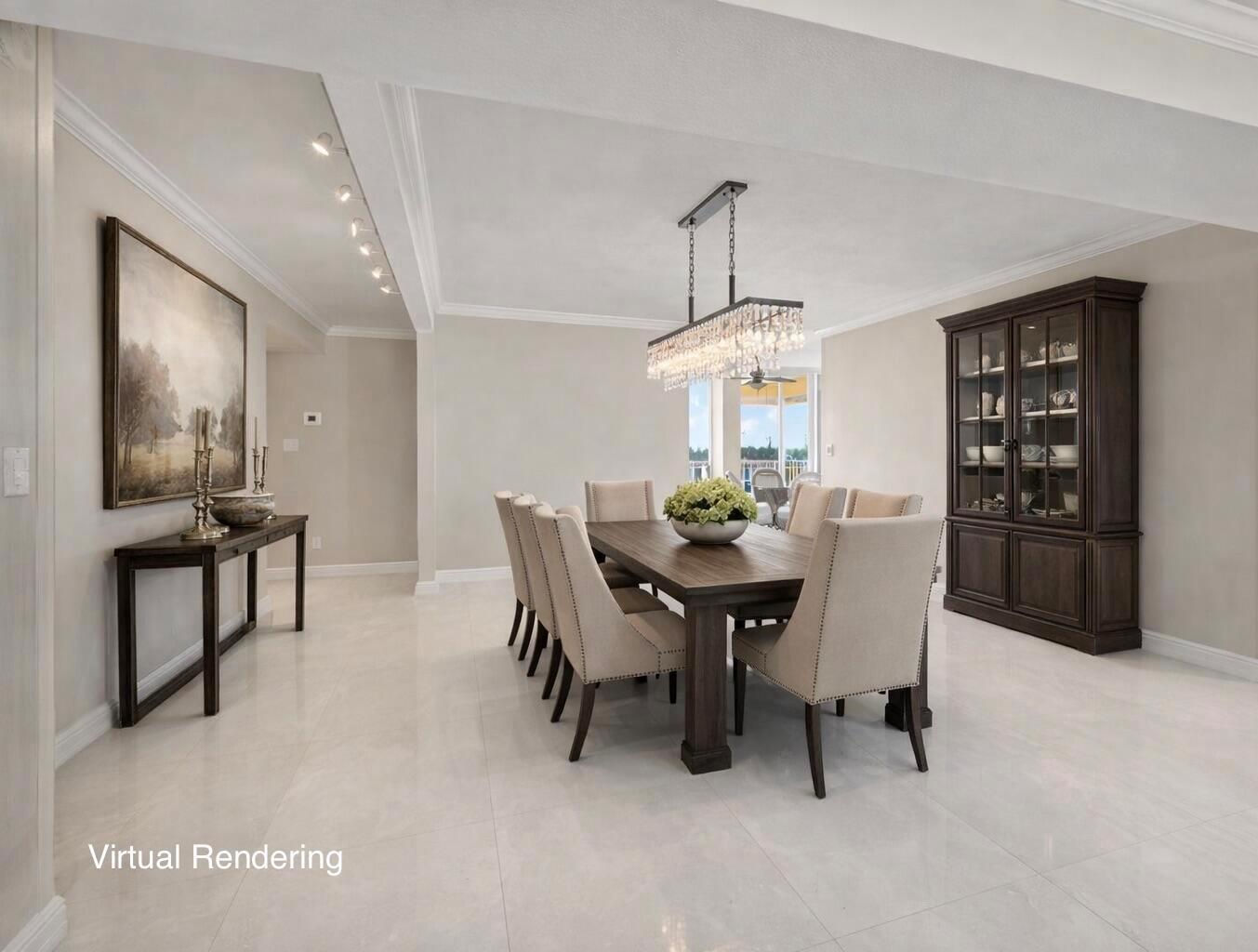 This virtual rendering shows a dining room with a wooden table, upholstered chairs, and chandelier — 2000 S Ocean Boulevard # 403, Delray Beach FL 33483, DELRAY BEACH, FL