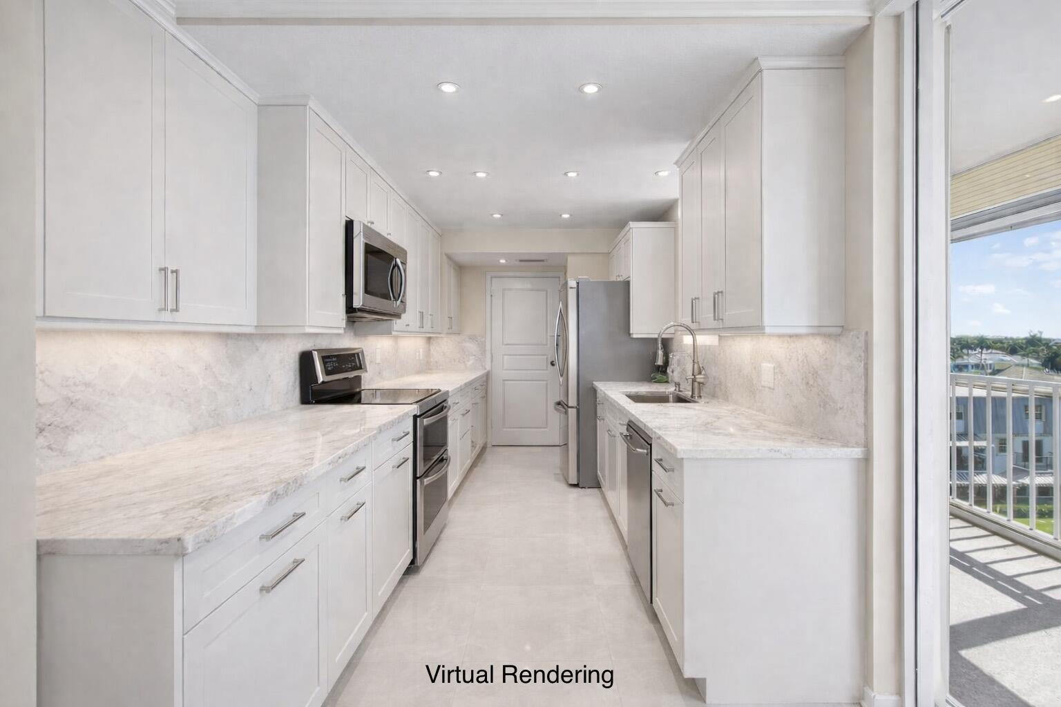 A virtual rendering of a galley kitchen with white cabinets and marble-style countertops — 2000 S Ocean Boulevard # 403, Delray Beach FL 33483, DELRAY BEACH, FL