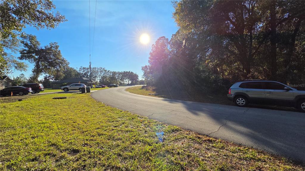 A paved road curves through a residential area with parked cars and surrounding trees — 3009 PARMA DRIVE, DELTONA, FL