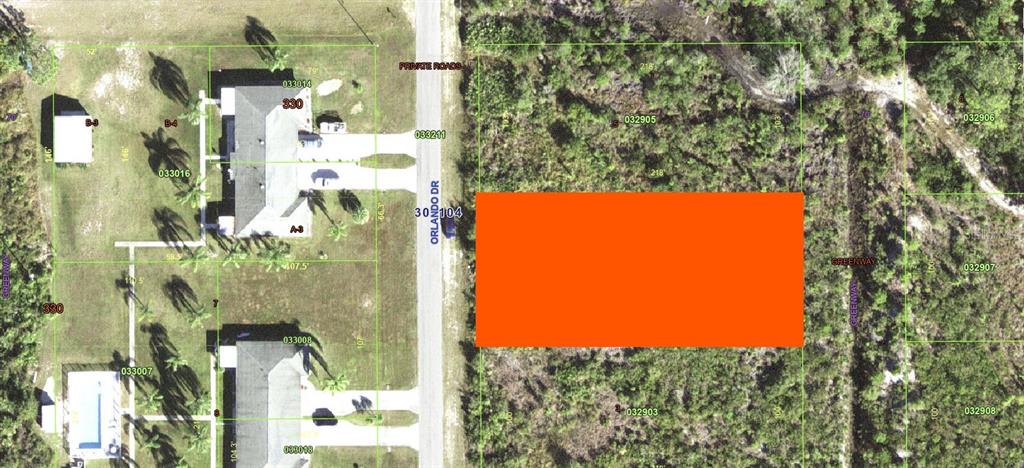 This is an aerial map showing residential lots and a vacant parcel along a road — 6931 ORLANDO DRIVE, INDIAN LAKE ESTATES, FL