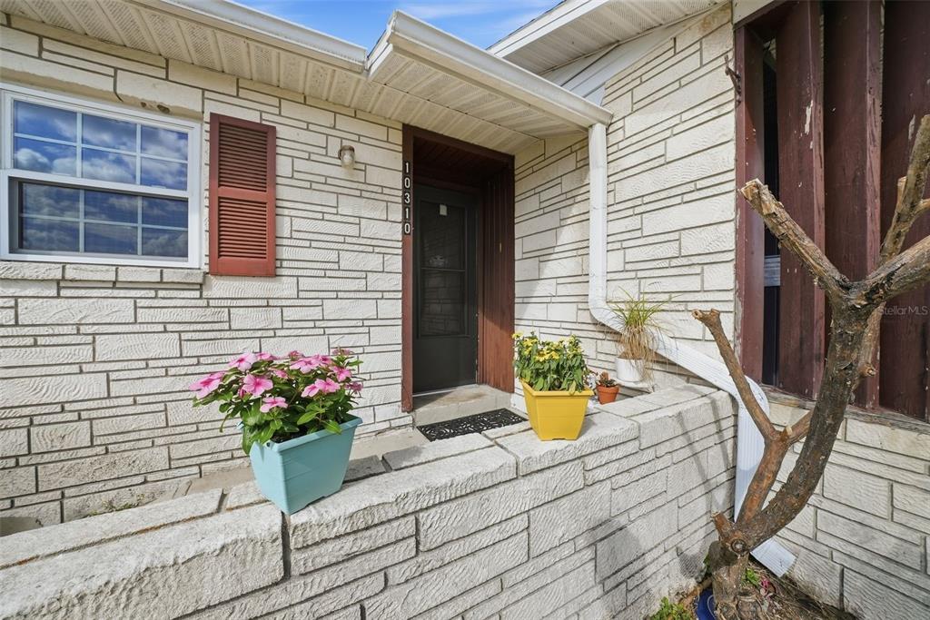 A stone-clad house exterior features a front door, a window with shutters, and potted plants — 10310 BLUE FIELD CT, THONOTOSASSA, FL