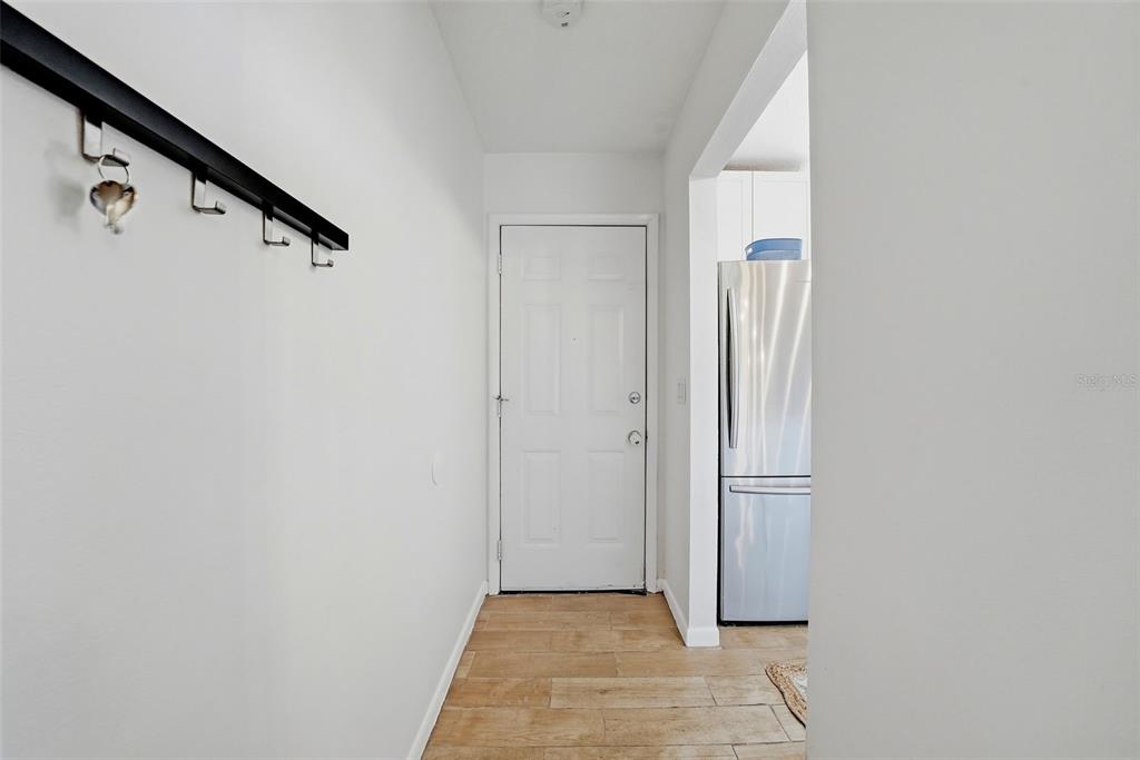 A hallway features a coat rack on the wall, a white door, and wood-look flooring — 10310 BLUE FIELD CT, THONOTOSASSA, FL