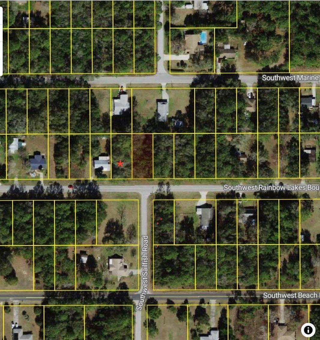 This is an aerial map showing residential lots and streets in a wooded neighborhood — 0 SW Rainbow Lakes Lot 88 Boulevard, FL 34431, FL