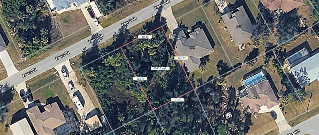 An aerial map view shows a rectangular residential lot with dimensions and square footage labeled — KENVIL DRIVE, NORTH PORT, FL