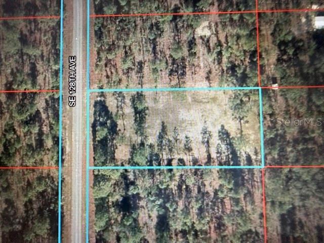 An aerial map view shows a rectangular plot of land outlined in blue along a road — 0 SE 128TH AVENUE, DUNNELLON, FL