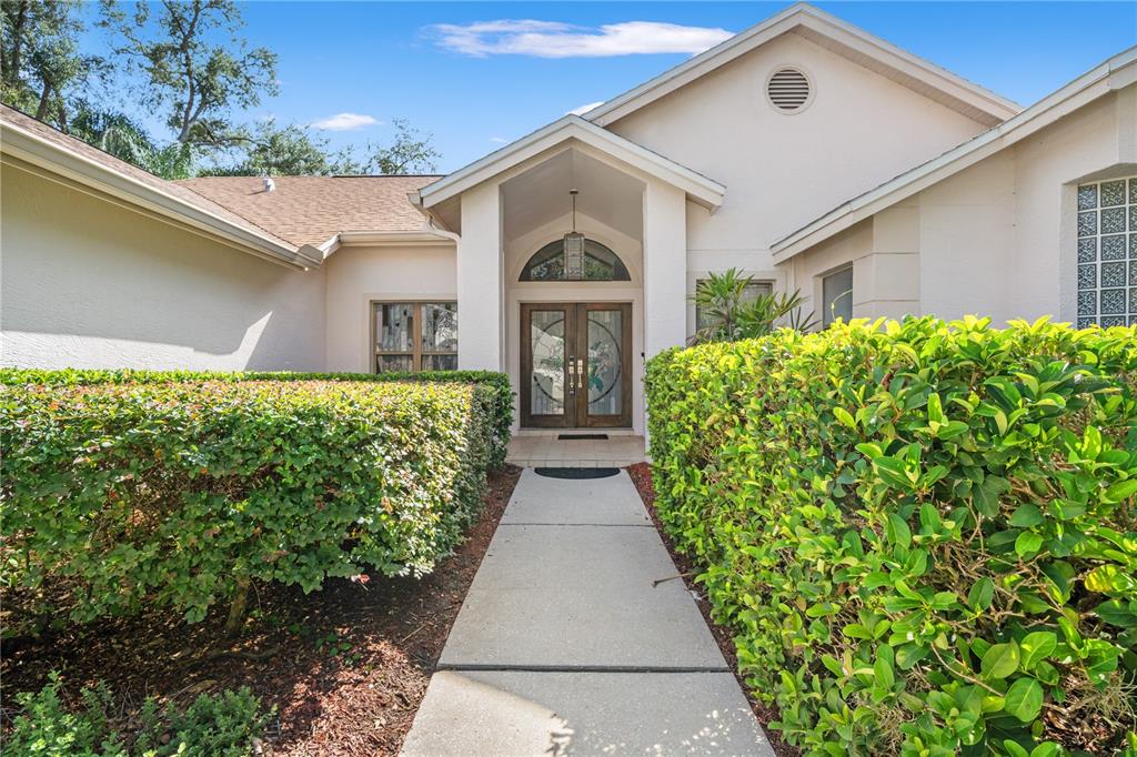 A concrete walkway leads to the double front doors of a light-colored stucco house — 15923 ELLSWORTH DRIVE, TAMPA, FL