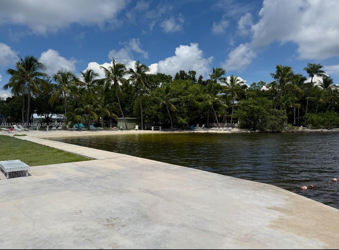 A concrete pier overlooks a sandy beach lined with palm trees and lounge chairs — 53 Bonefish Ave, Key Largo FL 33037, KEY LARGO, FL