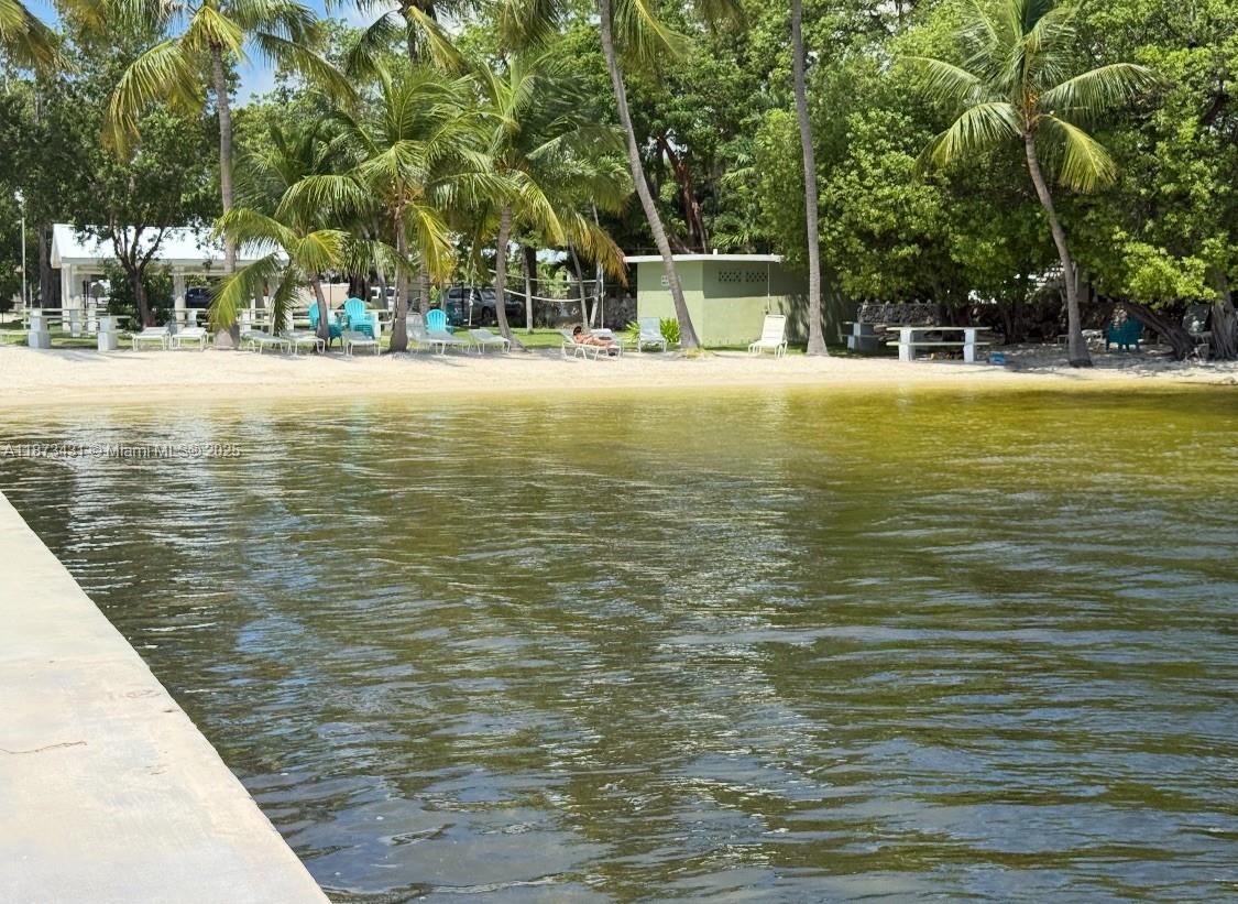 A sandy beach area features palm trees, lounge chairs, and a small green building — 53 Bonefish Ave, Key Largo FL 33037, KEY LARGO, FL
