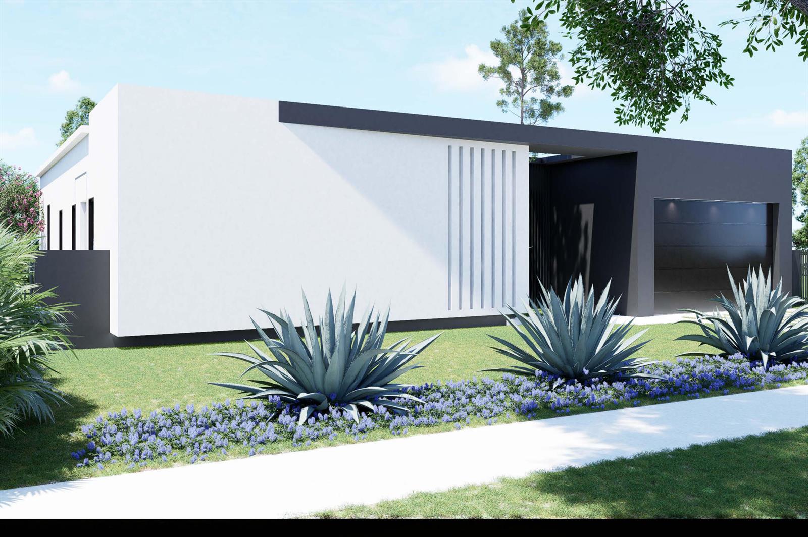 A digital rendering of a modern, single-story house with white and black exterior walls — 8966 SW 40th Terrace, Miami FL 33165, MIAMI, FL