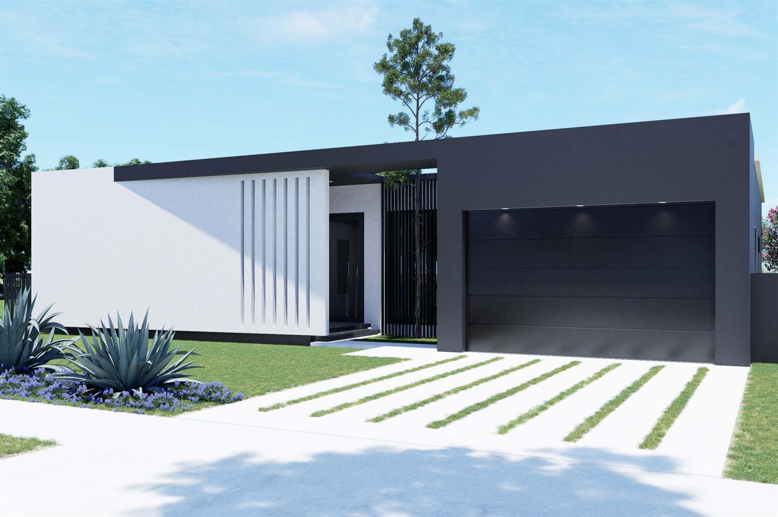 A digital rendering of a modern single-story house with a white facade and black garage — 8966 SW 40th Terrace, Miami FL 33165, MIAMI, FL
