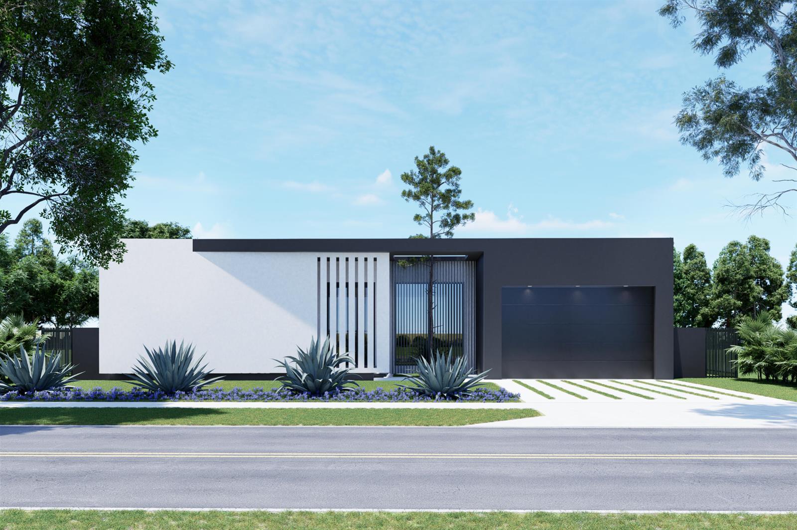 This is a rendering of a modern single-story house with a black and white facade — 8966 SW 40th Terrace, Miami FL 33165, MIAMI, FL
