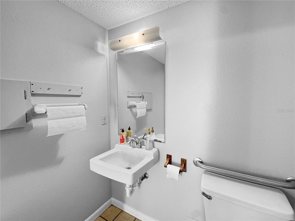 A small bathroom features a wall-mounted sink, a mirror, and a grab bar near the toilet — 5438 TROUBLE CREEK ROAD, NEW PORT RICHEY, FL