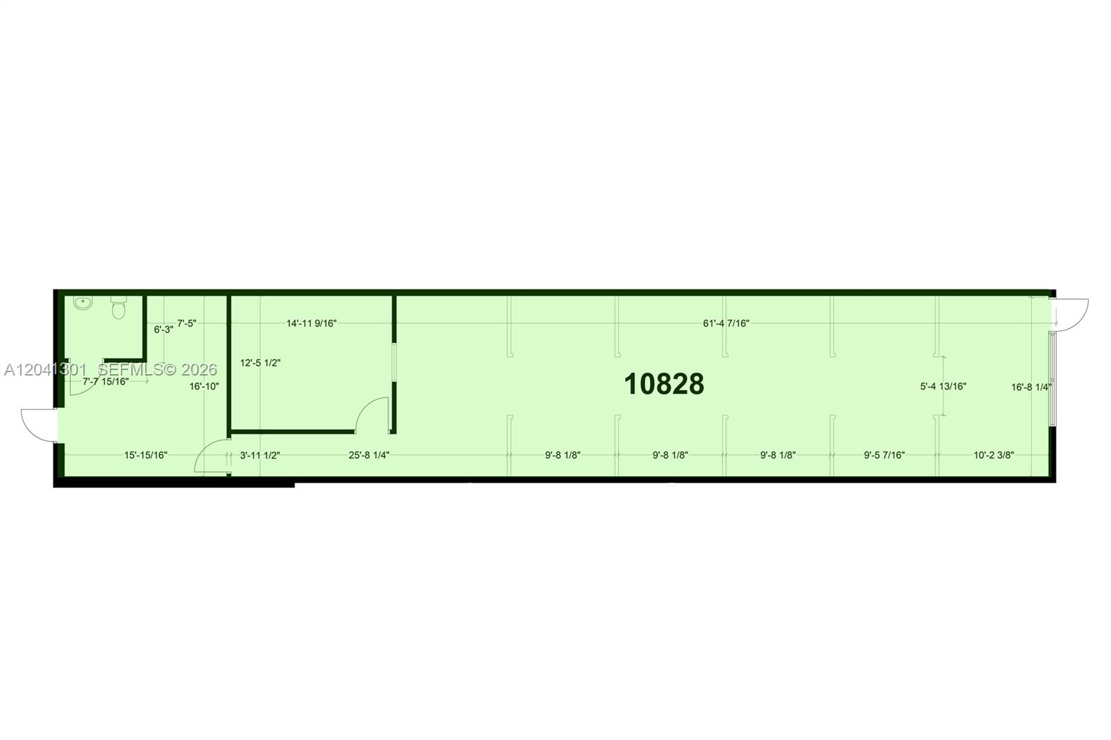 This is a floor plan of a long, rectangular commercial space with multiple interior partitions — 10750 NW 58th St # 10828, Doral FL 33178, DORAL, FL
