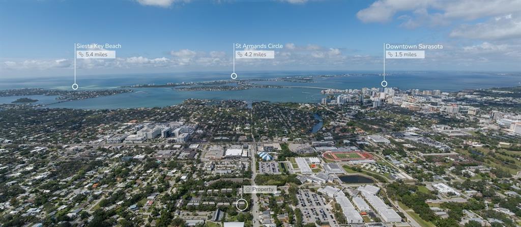 This aerial view shows a residential property location relative to downtown Sarasota and nearby beaches — 2232 BAHIA VISTA STREET UNIT A6, SARASOTA, FL