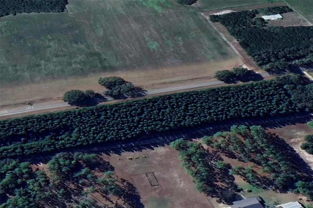 An aerial view shows a rural property with a road, dense trees, and open fields — 7818 NW STATE ROAD 45, HIGH SPRINGS, FL