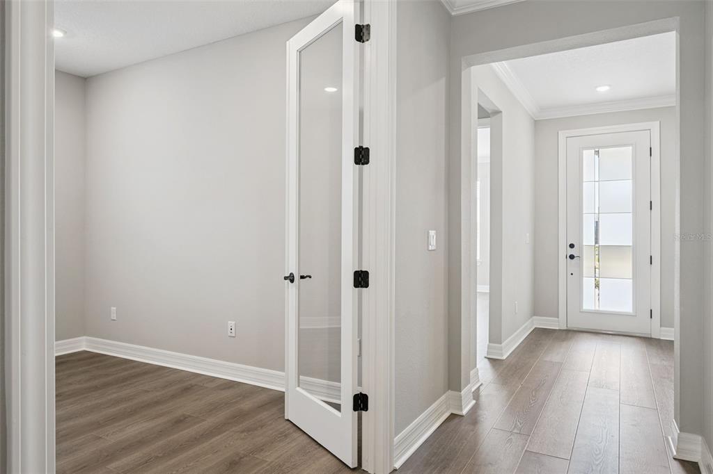 A hallway with wood-look flooring leads to a front door with a glass panel — 2458 DEL WEBB DRIVE, MINNEOLA, FL