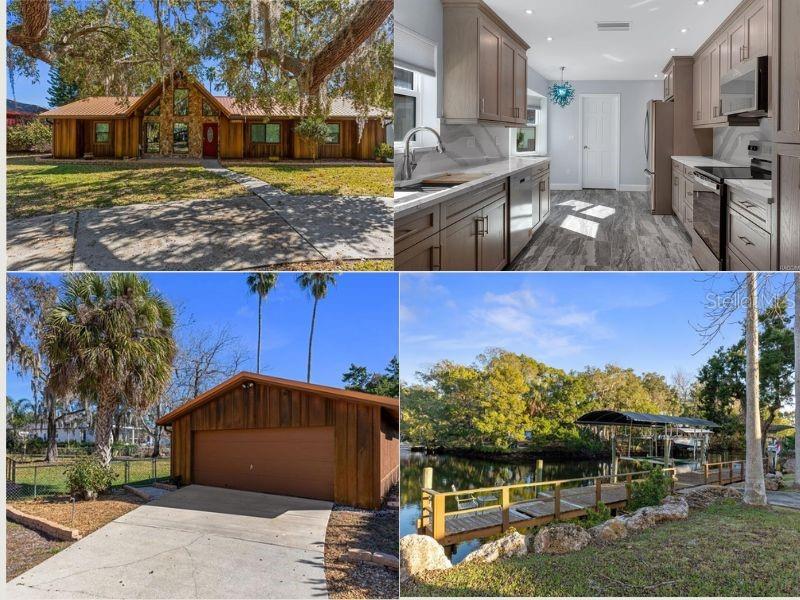 A collage shows a wood-sided house, a modern kitchen, a detached garage, and a boat dock — 11870 W RIVERHAVEN DRIVE, HOMOSASSA, FL