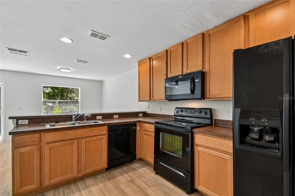 A kitchen features wood cabinets, black appliances, a double sink, and light-colored wood-look flooring — 4084 PITCH PINE CIRCLE, OVIEDO, FL