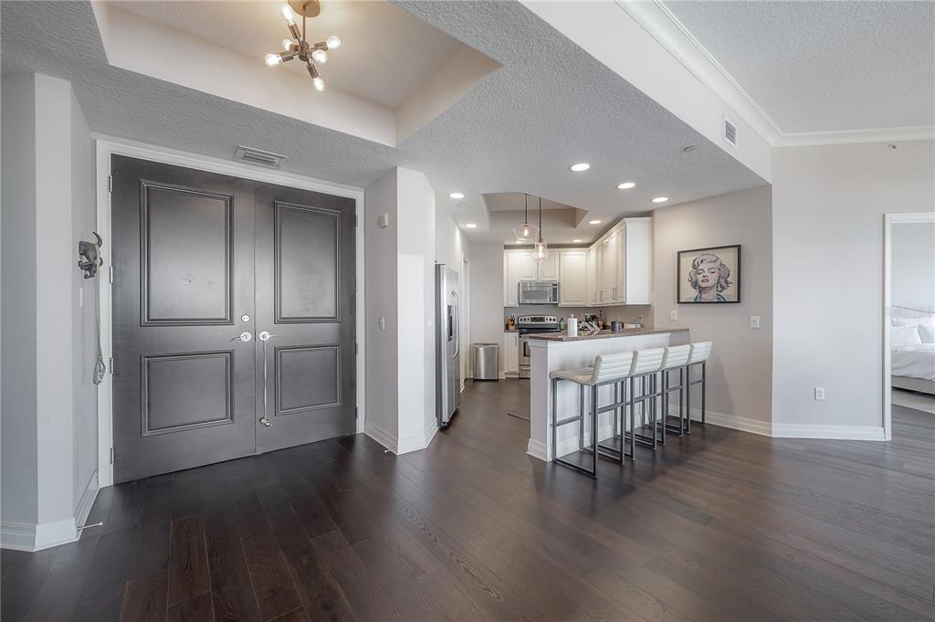 A dark-floored entryway leads to a kitchen with white cabinets and a breakfast bar — 449 S 12TH STREET UNIT 2501, TAMPA, FL