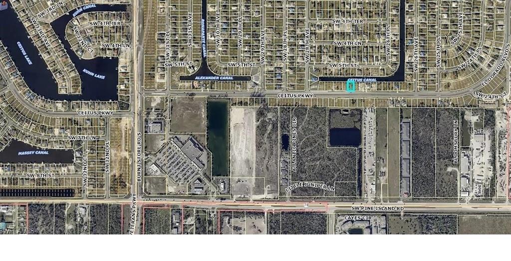This is an aerial map showing residential streets, canals, and commercial areas in Cape Coral — 2703 CEITUS PARKWAY, CAPE CORAL, FL