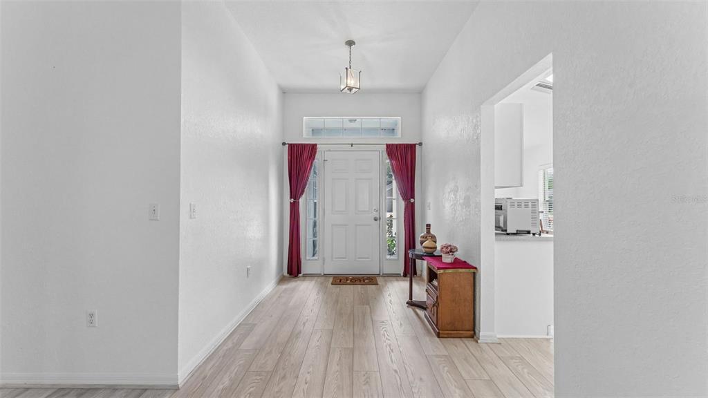 A bright entryway features light wood-look flooring, a white front door, and red curtains — 1754 TURTLE ROCK DRIVE, LAKELAND, FL