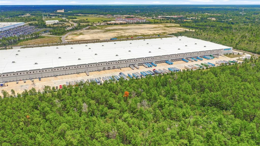 An aerial view shows a wooded lot outlined in white adjacent to a large warehouse — AMELIA (PAPER) AVENUE, DELTONA, FL