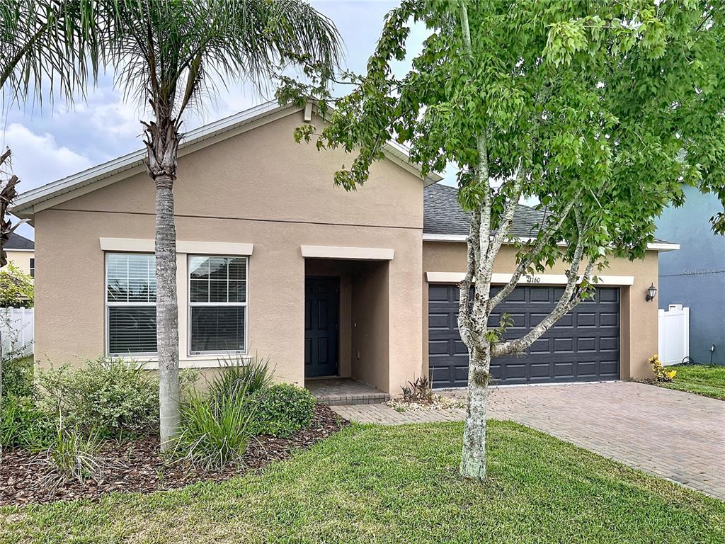 A single-story tan house with a dark garage door, a palm tree, and a front lawn — 3160 CALVANO DRIVE, LAND O LAKES, FL