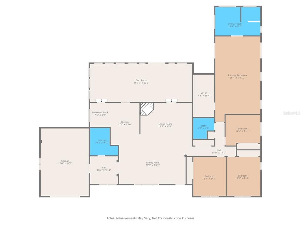 This is a floor plan showing a single-story house with four bedrooms and a garage — 10245 E TRAILS END ROAD, FLORAL CITY, FL