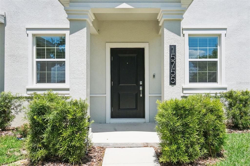 The exterior front entrance features a black door, two windows, and two green shrubs — 15755 WATER SPRING BOULEVARD, WINTER GARDEN, FL
